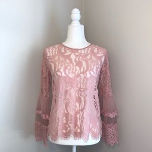 Pink Lace Sheer Bell Sleeve Top Shirt S